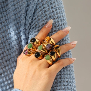 Vintage gold-plated stainless steel rings with colorful geometric natural stones