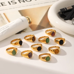 French vintage titanium steel ring set with assorted natural stones in gold finish
