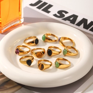 French vintage titanium steel ring set featuring natural stones in geometric gold settings