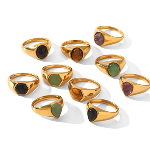 French vintage signet rings in gold stainless steel with colorful natural stone inlay