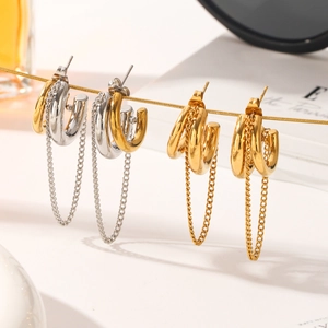 Elegant C-shaped layered tassel chain earrings in gold and silver mixed metallic tones