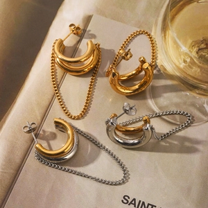 Stainless Steel Tassel Chain Hoop Earrings Double Line C-Shape Geometric Dangle Earrings Gold Silver Two-Tone Ins Jewelry Women Gift
