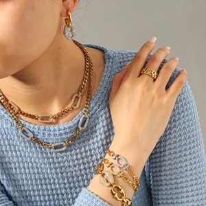 Conjunto de joyas para mujer de acero inoxidable bicolor con cadena cubana y diamantes