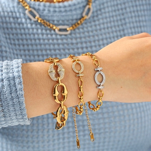 Conjunto de collar y pulsera de cadena cubana bicolor en acero inoxidable con cristales