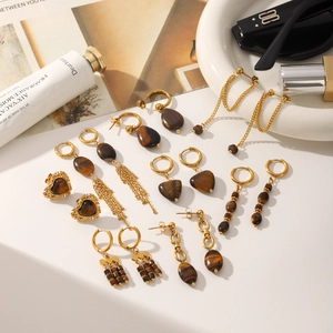 Vintage Tiger Eye Stone Tassel Earrings For Women Stainless Steel Geometric Heart Drop Dangle Earrings Maillard Style Jewelry