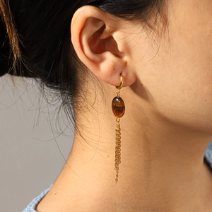 Retro tiger eye stone gold tassel earrings in titanium steel shown on a model