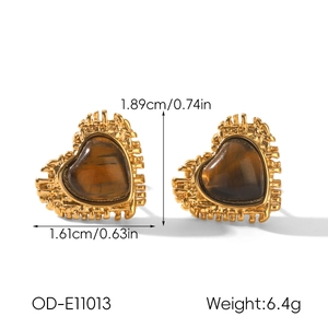 Detailed dimensions of heart-shaped tiger eye earrings with textured gold-tone frame
