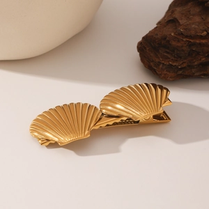 Barrette à cheveux en acier inoxydable doré avec motif coquillage marin au fini poli brillant