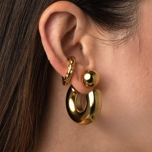 Polished gold U-shaped drop earrings and textured ear cuff set for a modern look