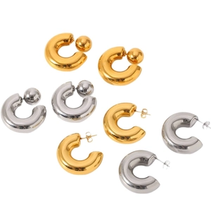 Polished gold and silver stainless steel C-shaped hoop earrings in chunky minimalist style