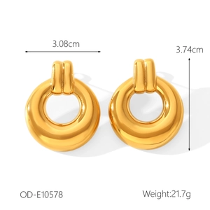 Detail view of 18K gold plated stainless steel chunky hoop earrings with size dimensions