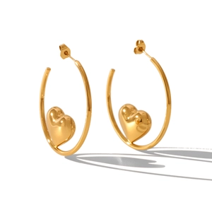 Polished 18K gold-plated stainless steel hoop earrings with 3D heart-shaped pendants