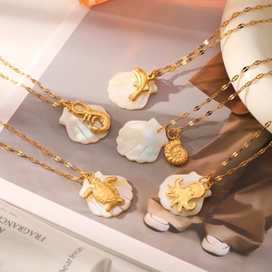Meeresstil Edelstahl 18K Vergoldet Perlmutt Anhänger Halskette Für Damen Seestern Schildkröte Delfin Schmuck