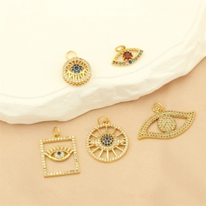 Gold Plated Copper Evil Eye Pendant With Rhinestone Inlaid For Jewelry Making DIY Round Rectangular Eye Shape Charm