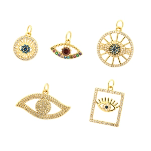 Gold plated evil eye pendants with sparkling zircons in various geometric shapes