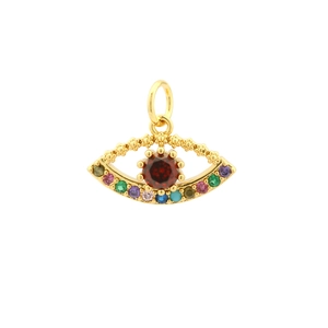 Detail of evil eye pendant in gold-plated copper with rainbow zircon stones