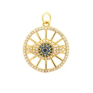 Macro shot of evil eye pendant with gold plating and sparkling blue zircon stones