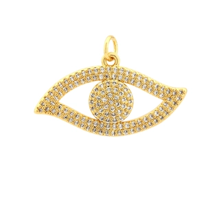 Detailed close-up of gold-plated evil eye pendant with pavé-set white zircon stones