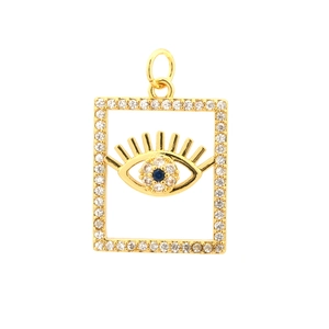 Detailed macro view of gold-plated rectangular Evil Eye pendant with cubic zirconia stones