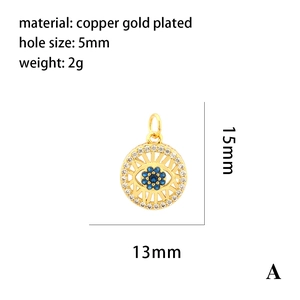 Gold plated copper evil eye pendant with blue zircon and sunburst cutout design