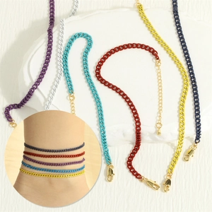 Hip hop style colorful Cuban chain anklet set with various painted metal links