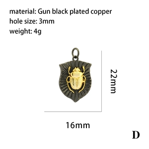 Detailed technical diagram of gunmetal shield pendant with gold beetle and dimensions