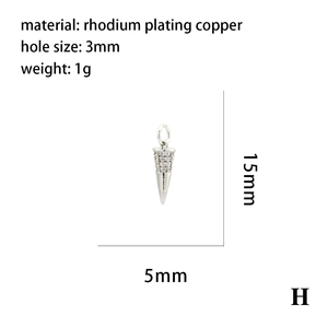 Detailed specs of rhodium plated copper cone pendant with clear cubic zirconia insets