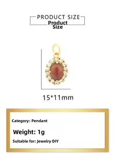 Detail view of 15x11mm gold-plated red stone pendant with zircon for DIY jewelry