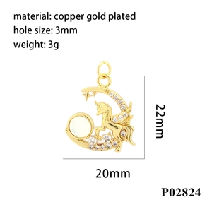 Detail of 18K gold plated unicorn moon pendant with micro-pave zircons and dimensions