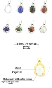 Close-up of 18K gold plated oval pendants with inlaid colorful crystals for DIY jewelry