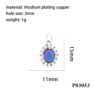 Details des ovalen Kristallanhängers mit blauem Stein und Rhodinierung auf Kupfer