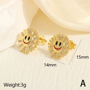 Detailed view of 18K gold plated sunflower smile stud earrings with pavé zircon petals