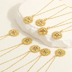 Detailed group view of colorful 18K gold plated sunflower smile face pendant necklaces