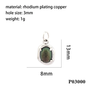 Detail view of oval emerald green stone pendant in rhodium plated copper setting