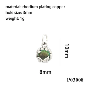 Detail of 8mm rhodium plated copper pendant with dark green crystal and dimensions