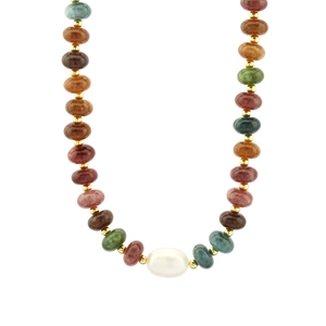 Collier en tourmaline multicolore avec perle baroque et détails plaqués or 18 carats