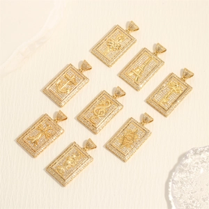Collection of eight 18K gold-plated square hip hop pendants with crystal-studded borders