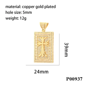 18K gold plated hip hop square pendant with cross relief and cubic zirconia stones