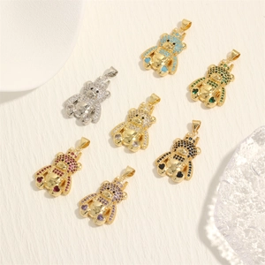 Charming 3D crown teddy bear pendants with colorful micro-paved zircons in six colors