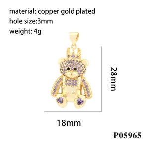 Gold plated teddy bear pendant with purple micro-pave crystals and crown detail