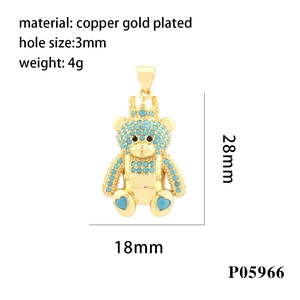 Gold plated copper bear pendant with crown and zircon inlay for DIY necklace jewelry
