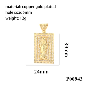 Macro view showing dimensions of 18K gold plated Virgin Mary pendant with pave zircons