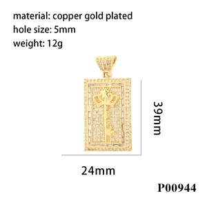Detailed size specifications of 18K gold plated square pendant with CZ crown and key