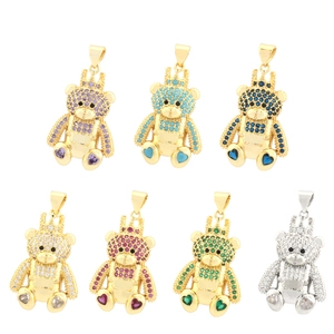 Micro-paved cubic zirconia teddy bear pendants in multiple colors with crown detail