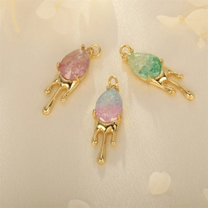 18K gold plated teardrop lava pendants with colorful gradient crystals on silk