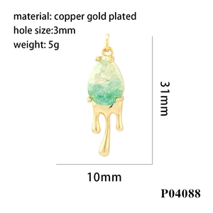 18K gold plated lava teardrop pendant with green yellow gradient cracked crystal gem