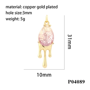 Detail view of 18K gold plated teardrop pendant with dimensions 31mm by 10mm