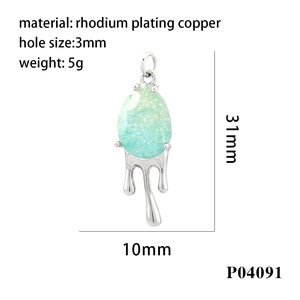 Detailed view of mint green teardrop crystal pendant in rhodium-plated copper mount