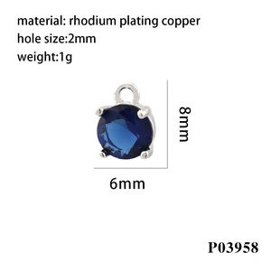 Vue détaillée du pendentif en zircon bleu foncé avec dimensions en cuivre rhodié