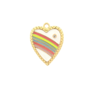 Golden heart pendant with rainbow enamel stripes and zircon detail for jewelry making